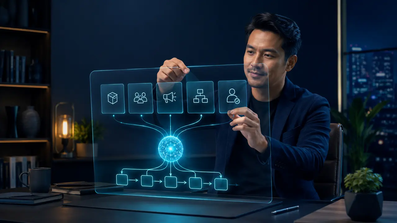 Owner bisnis menyusun konteks produk, pelanggan, brand, dan workflow untuk AI